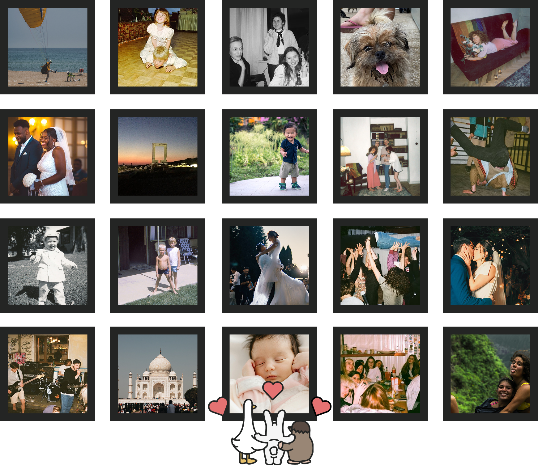 A grid of cherished family photos with Memory Bunny