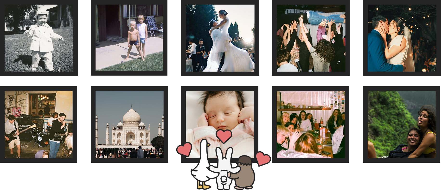A grid of cherished family photos with Memory Bunny